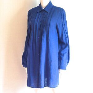 Armani Collezioni 100% Linen Long Blue Shirt With Pleated Detailing - Italy